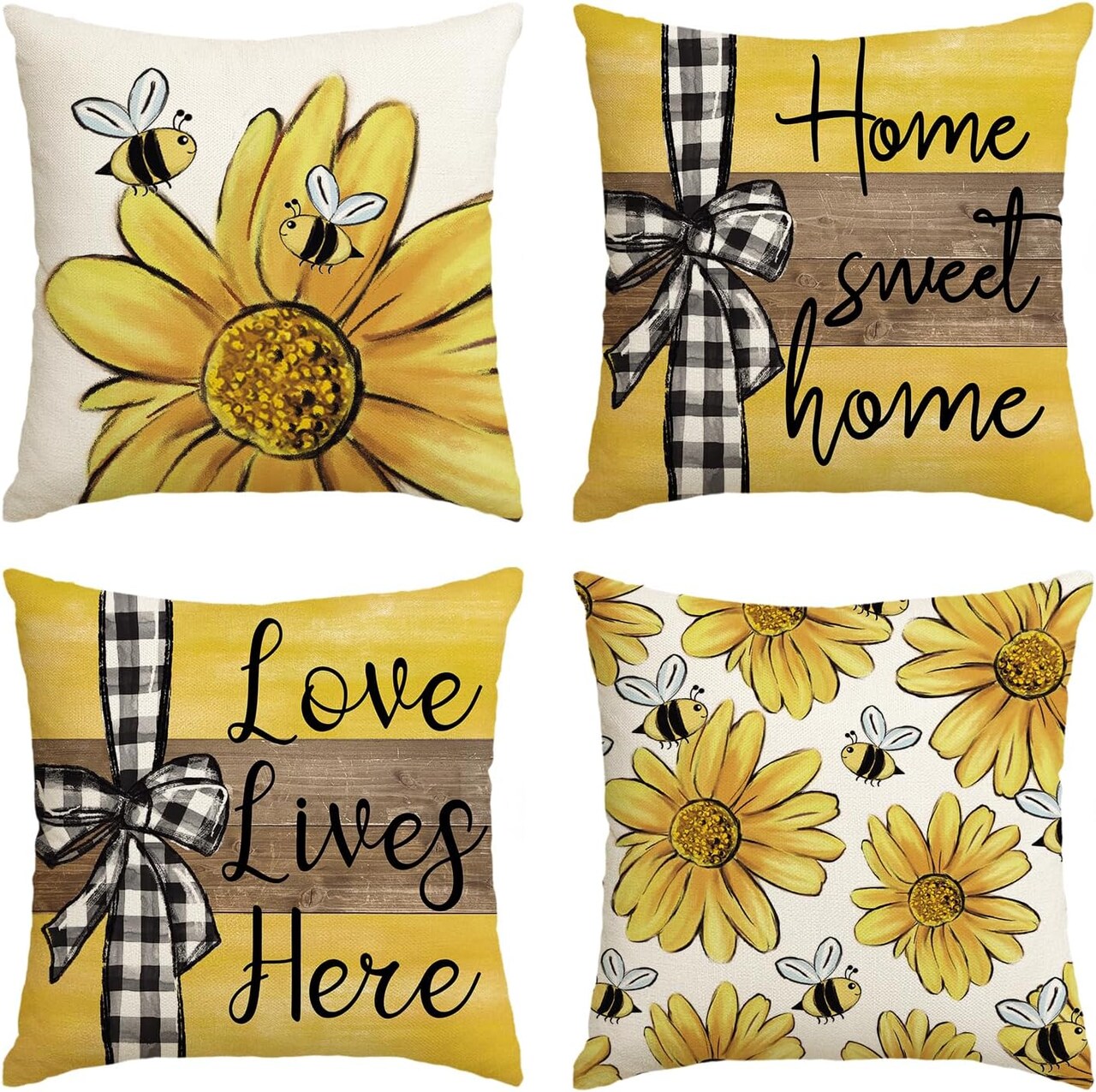 Home Sweet Home Bee Sunflower Throw Pillow Covers, 18 x 18 Inch Love Lives Here Sprin Stripes Cushion Case for Sofa Couch Set of 4
